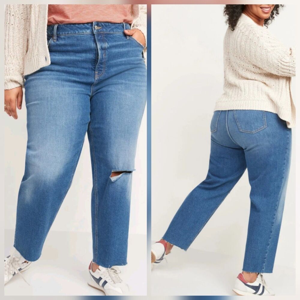 Old Navy Extra High-Waisted Sky Hi Straight Button-Fly Ripped Jeans Plus 28W